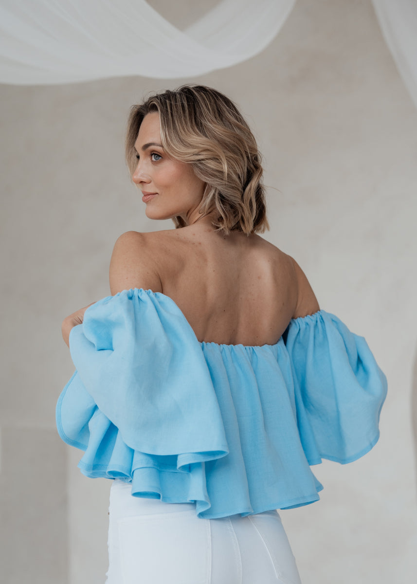 Ruffle Off Shoulder Linen Top - Boho Summer Look – Back2Linen