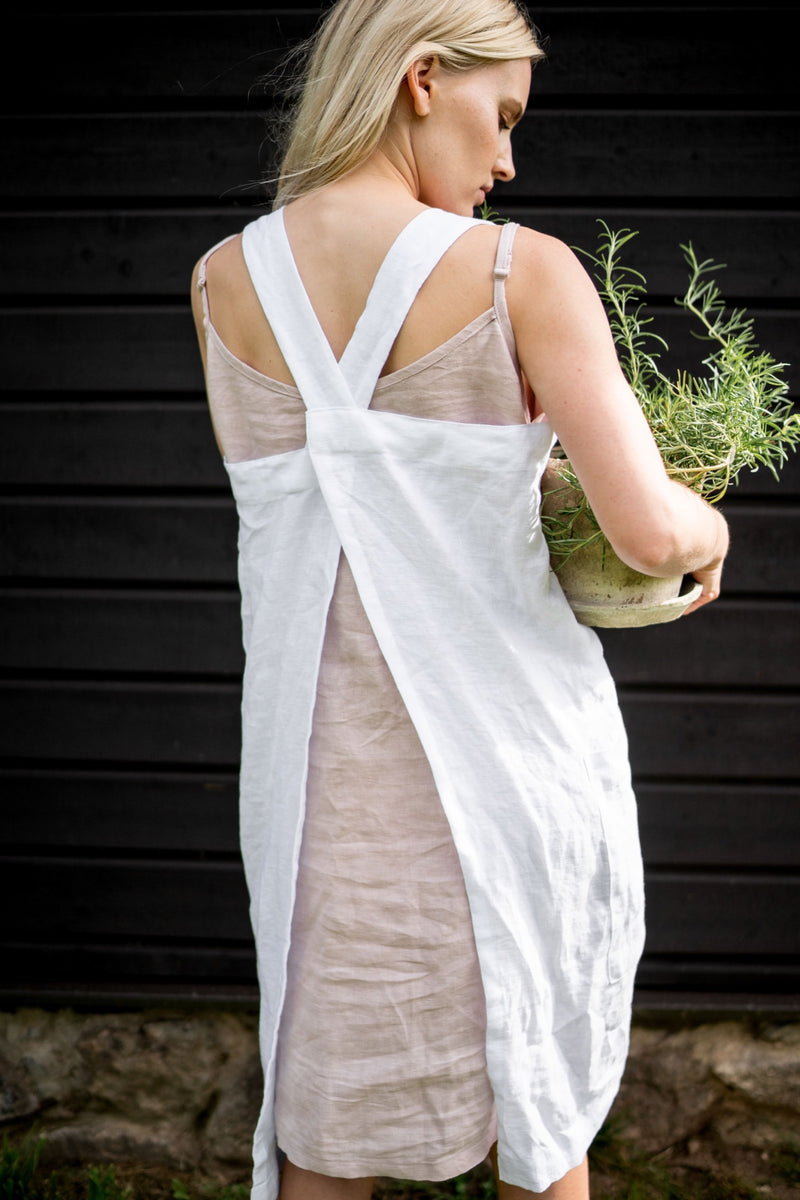 Linen Apron Cross Back with Two Pockets - stonewashed linen - pure