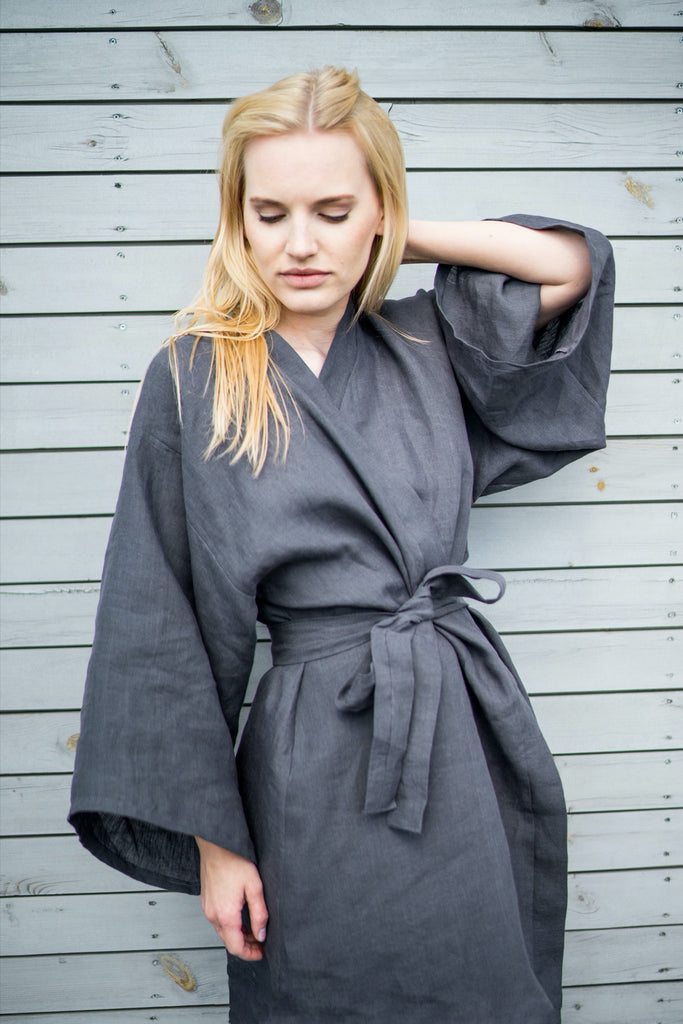 Linen Kimono Robe Organic Basic Bathrobe Dark Grey