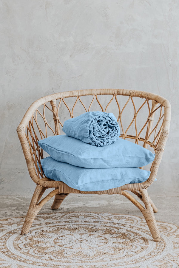 Organic Linen Basic Fitted Sheet And Pillowcases Set Light Blue 2901