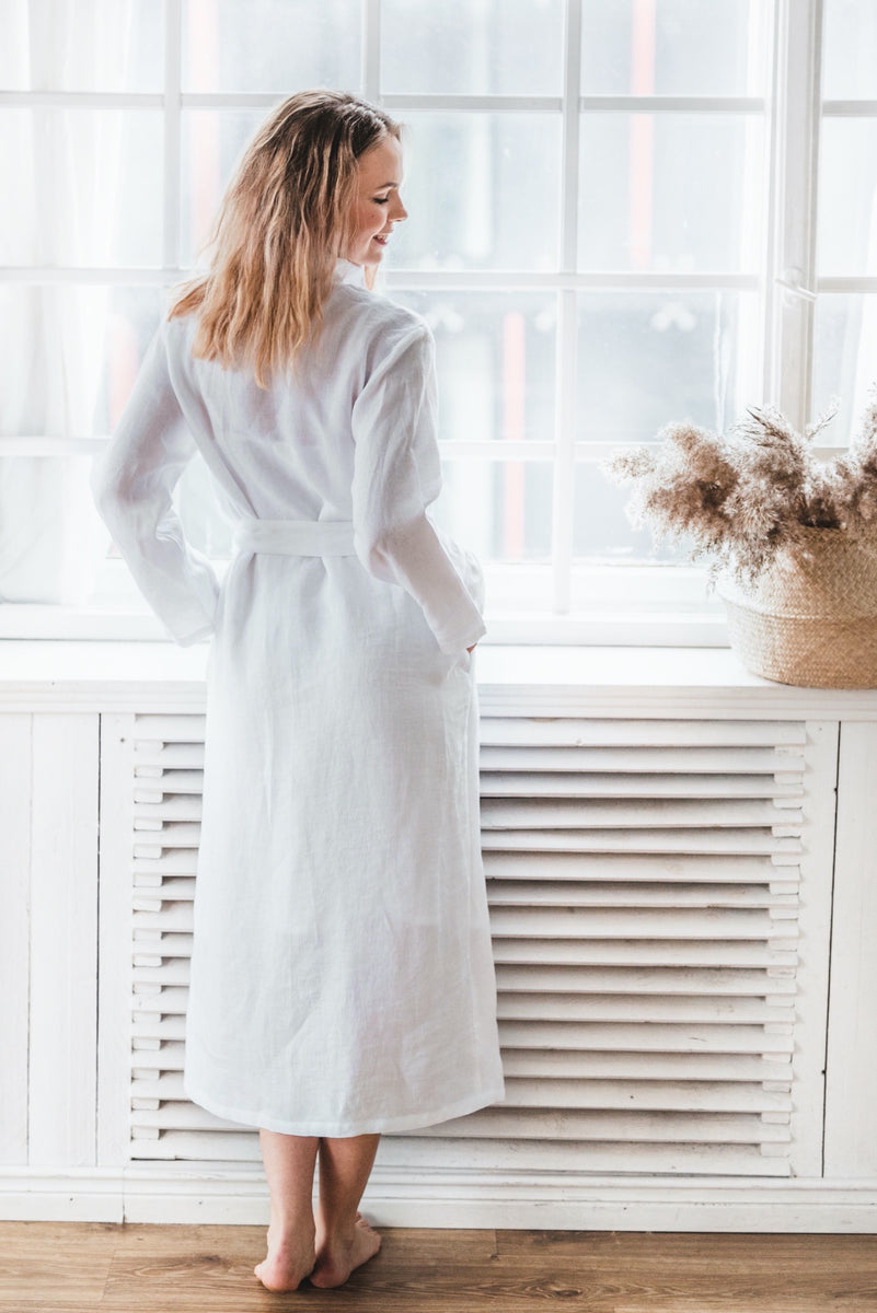 White Linen Ruffle Robe from 100 Linen Back 2 Linen Back2Linen