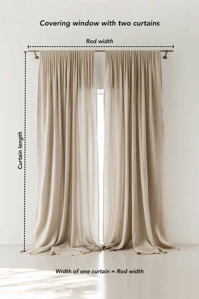 Two beige curtains covering a window with measurements labeled on a white background