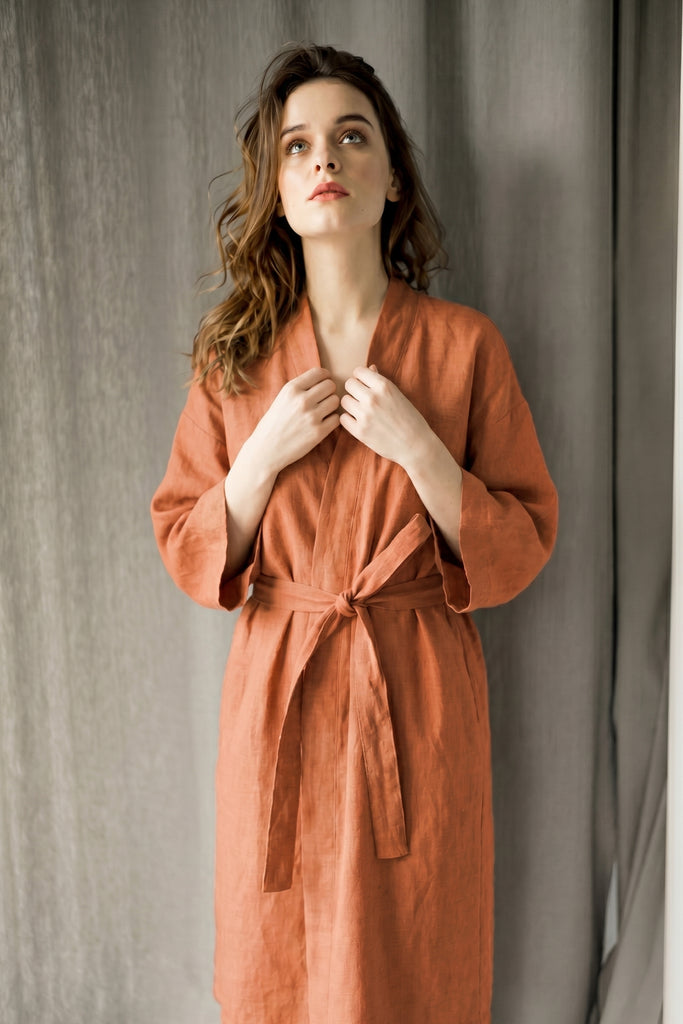 Linen Kimono Bathrobe Basic Bathrobe Burnt Orange 01