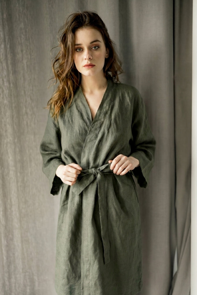 Linen Kimono Bathrobe Basic Bathrobe Green 01