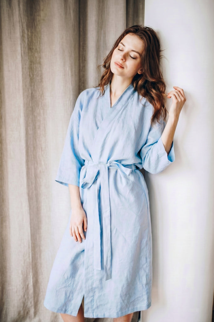 Linen Kimono Bathrobe Basic Bathrobe Light Blue 01