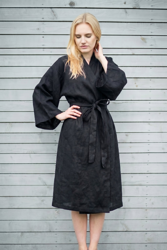 Linen Kimono Bathrobe Basic Bathrobe Black 01