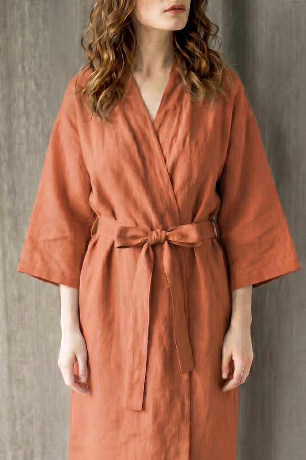 Linen Kimono Bathrobe Basic Bathrobe Burnt Orange 02