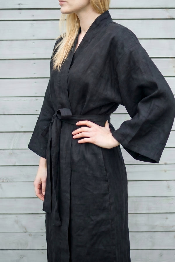 Linen Kimono Bathrobe Basic Bathrobe Black 03