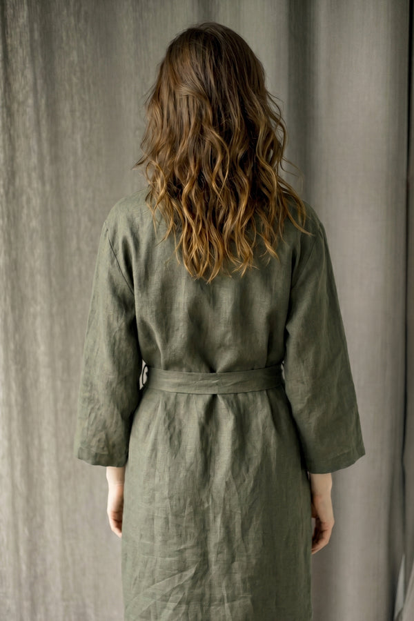 Linen Kimono Bathrobe Basic Bathrobe Green 02