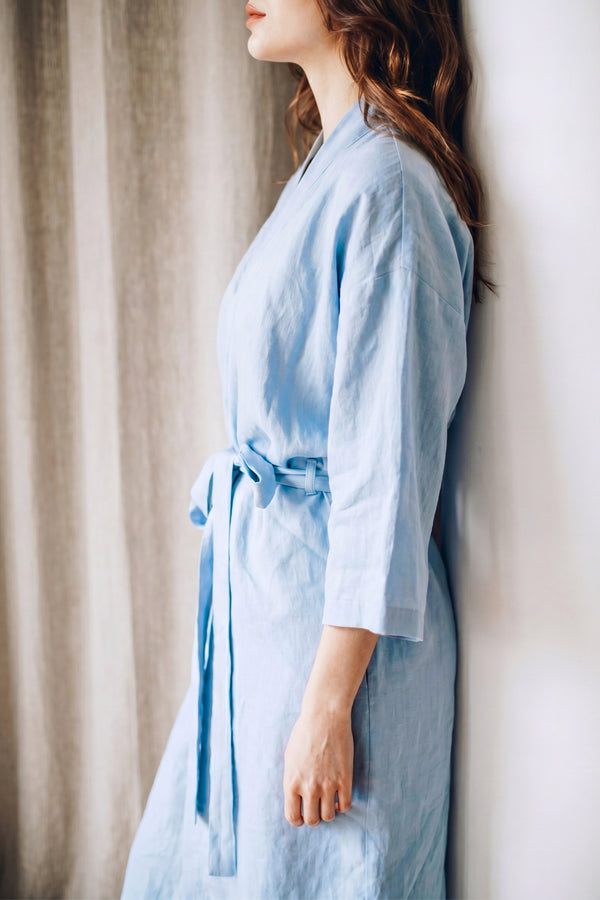 Linen Kimono Bathrobe Basic Bathrobe Light Blue 02