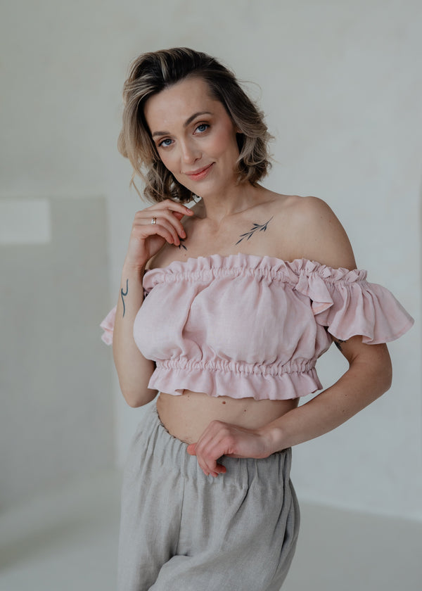 Linen Blouse Off Shoulder Ruched Crop Top Pink 004
