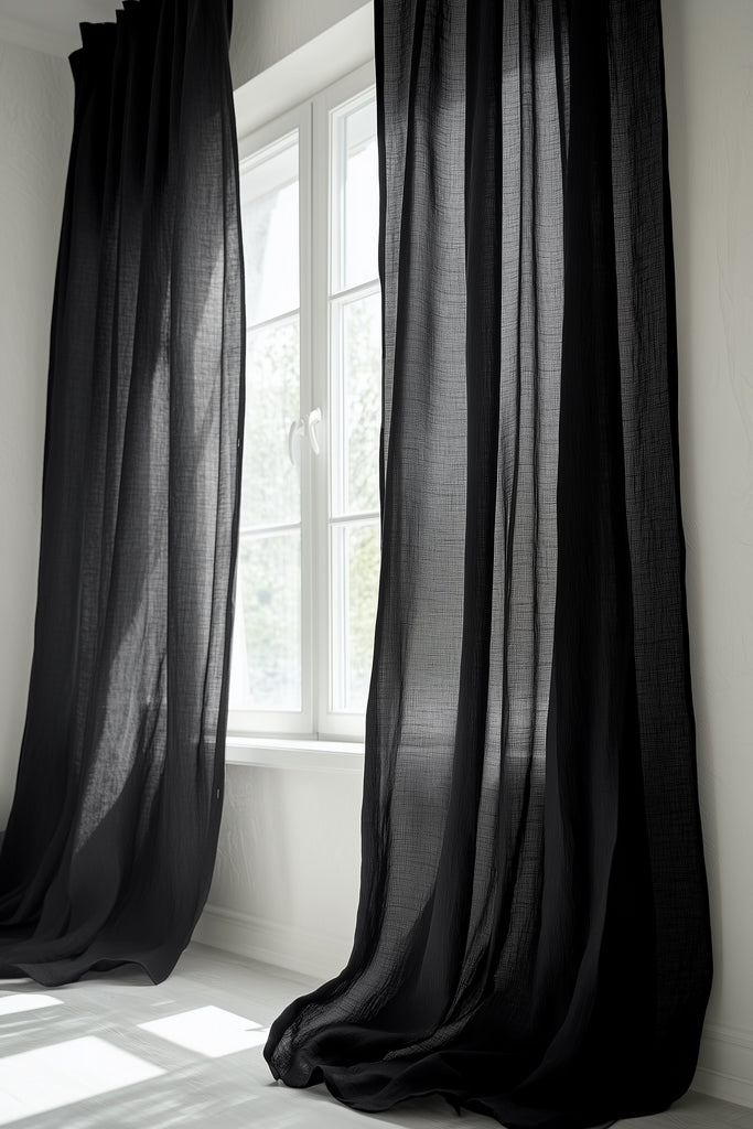 Linen Curtain Set Organic Washed Flax Curtains Black 001