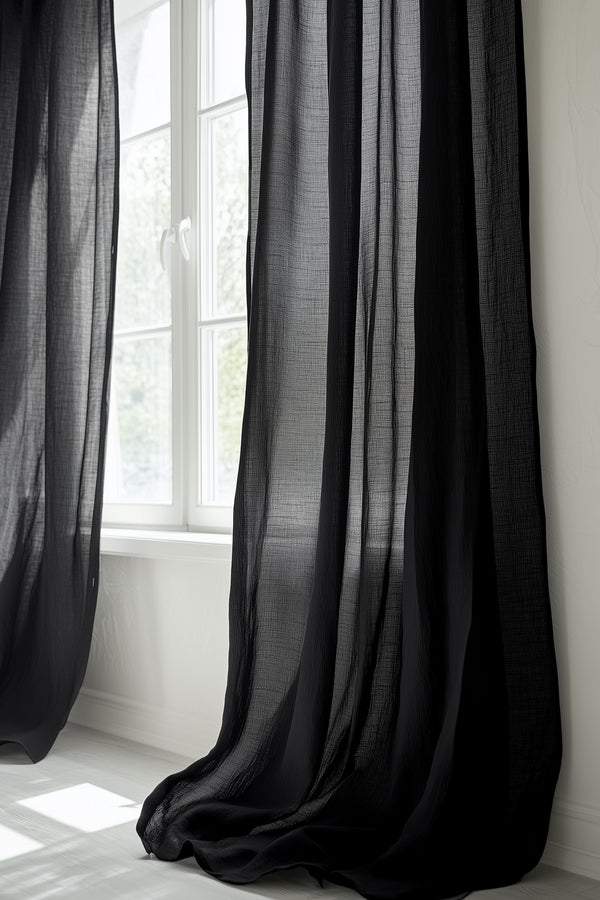 Linen Curtain Set Organic Washed Flax Curtains Black 002