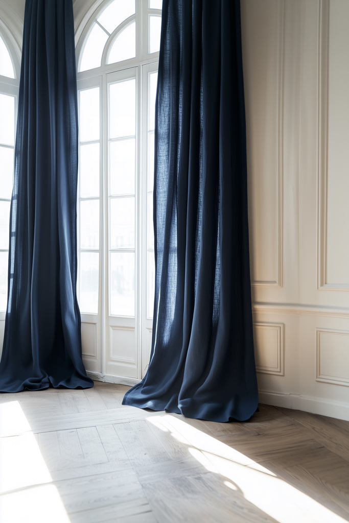 Linen Curtain Set Organic Washed Flax Curtains Dark Blue 001