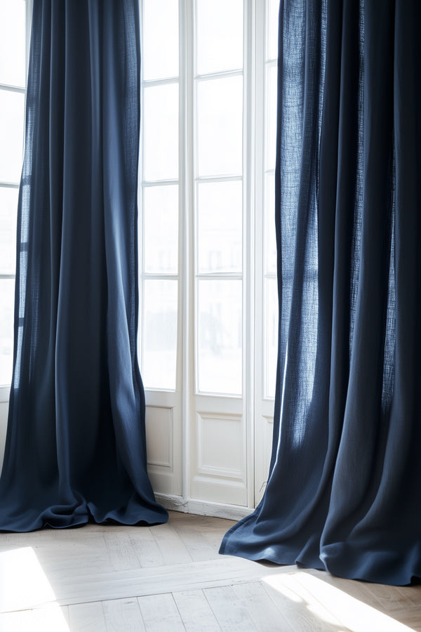 Linen Curtain Set Organic Washed Flax Curtains Dark Blue 002