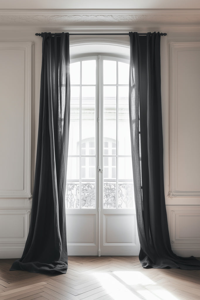 Linen Curtain Set Organic Washed Flax Curtains Dark Grey 001