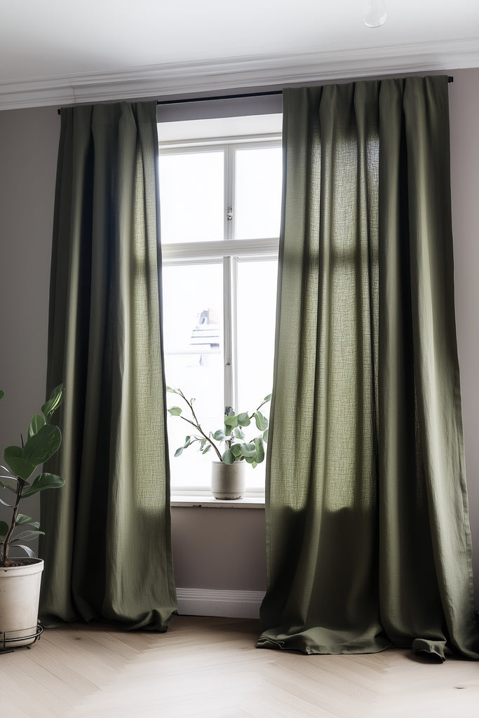 Linen Curtain Set Organic Washed Flax Curtains Green 001