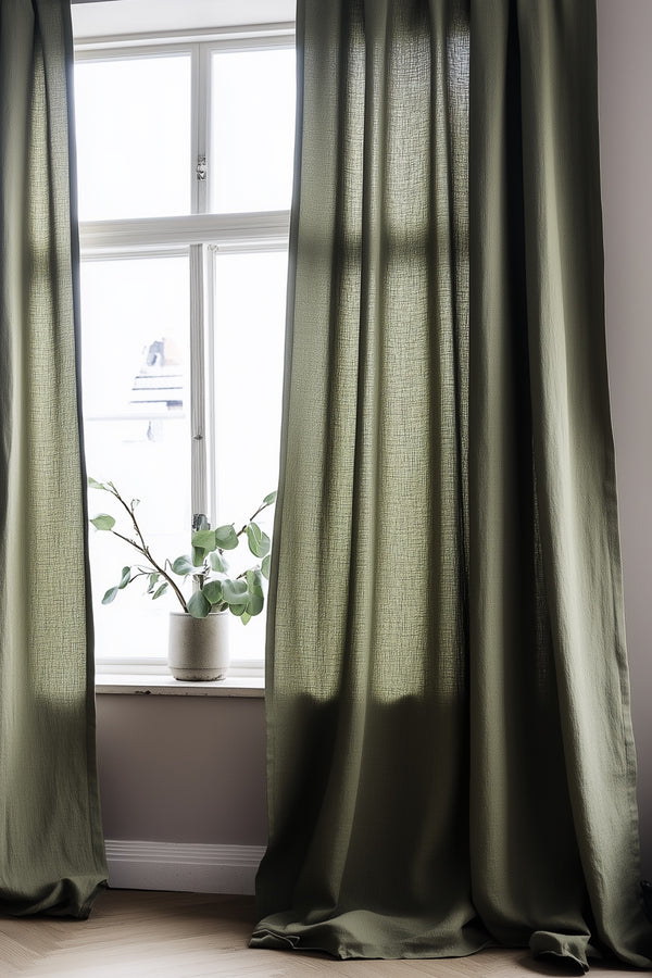 Linen Curtain Set Organic Washed Flax Curtains Green 002