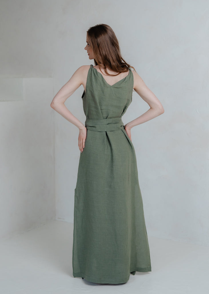 green linen summer dress Twisted Strap with Belt Olivia 3XL / cute green summer dress
