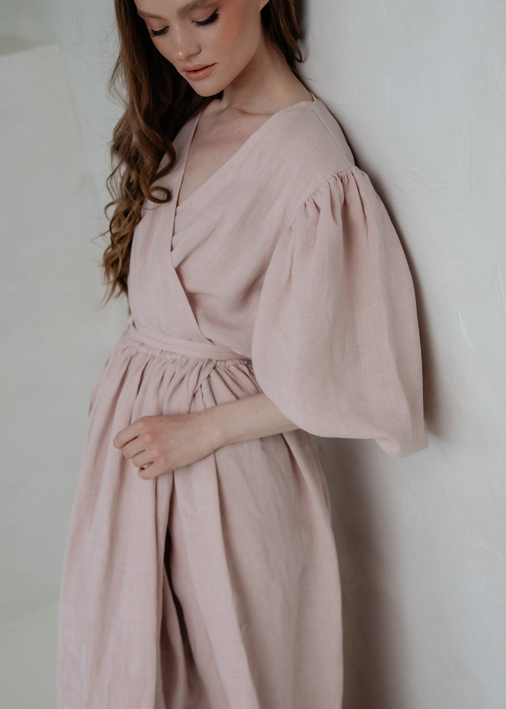 pink linen puff sleeve dress Oleana. Puff Sleeve Maxi Dress  ELF