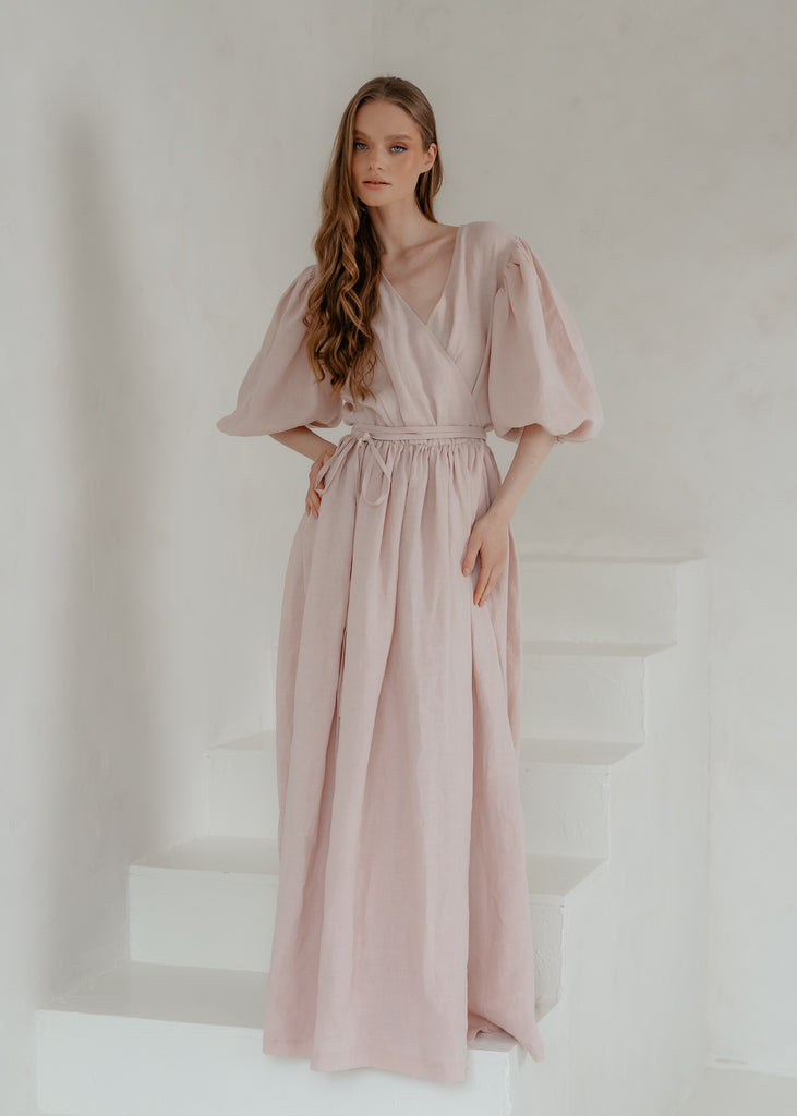 pink linen wrap dress Diana Maxi Wrap Dress in Violet Linen