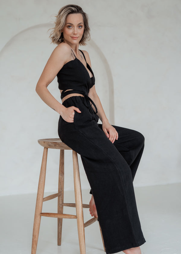 Linen Wide Leg Maxi Pants Black 004