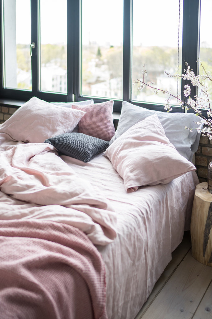 Bedding Set Queen Basic Duvet Cover Basic Pillowcase Basic Flat Sheet Waffle Blanket Linen Pink Dark Grey