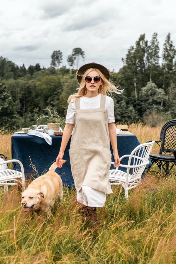 Cross Back Aprons For Women Linen Apron With Pockets Pinafore Apron Natural
