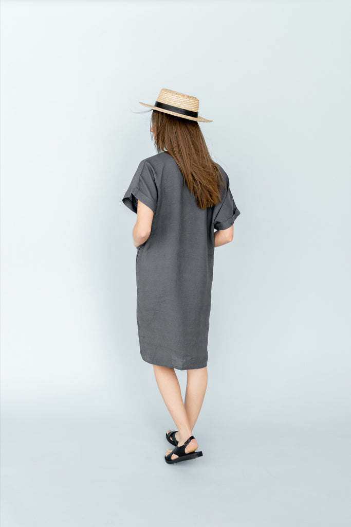 Gray Linen Shift Dress V-Neck | Back 2 Linen  Back2Linen