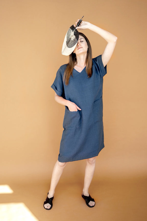 Dress Adeline Oversized Linen Dress V Neck Dress Dark Blue