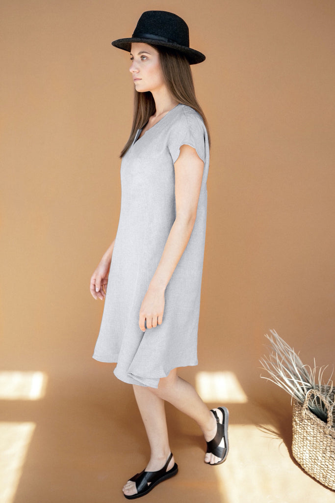 light grey summer dress Linen Tunic Dress Midi, Light Grey Summer Dress or Women, Loose Fit, Knee Length, Short Sleeve Linen Dress Lounge Dress - AUDREY Dress