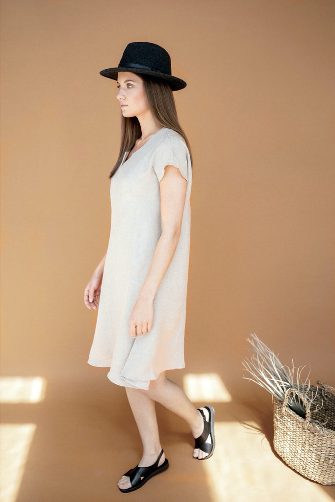 linen dress natural Pure Linen Midi Dress With Pockets, Summer Clothing