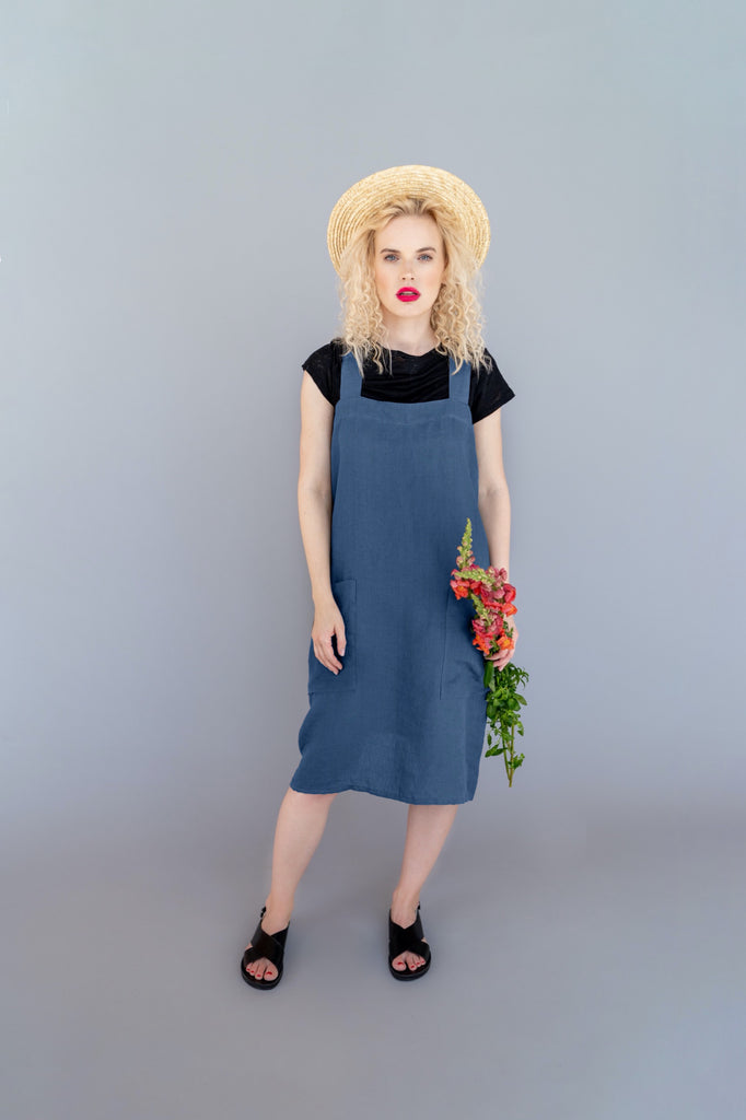 Dress Anna Pinafore Dress Linen Summer Dress With Pockets Trapeze Dress Dark Blue