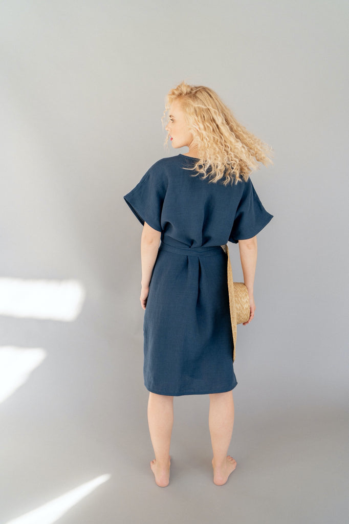 chinese dress ladies Linen Wrap Dress with Pockets