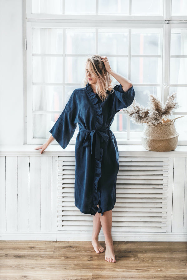 Kimono Robe Linen Kimono Linen Bathrobe Plus Size Robe Ruffle Kimono Bathrobe Dark Blue