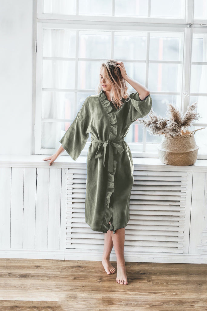 linen kimono dressing gown Linen Robe, Custom Colors Linen Kimono Robe, Stonewashed Linen Long Dressing Gown, Raw Linen Clothes, Washed Linen Bathrobe, Wedding Robe