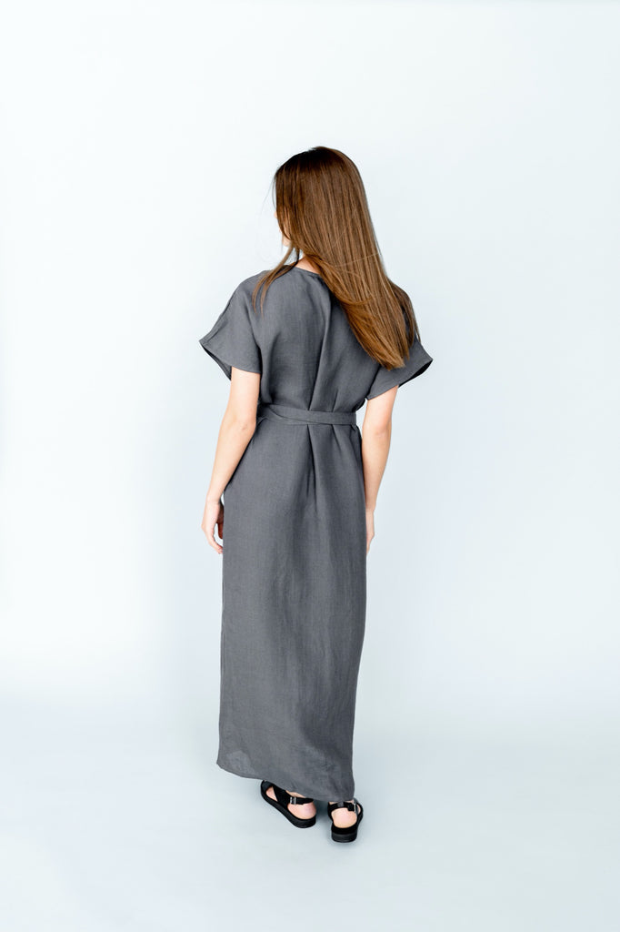 dark grey wrap dress The Lou T-shirt Dress in Charcoal Stripe – For His Glory Boutique main image 0