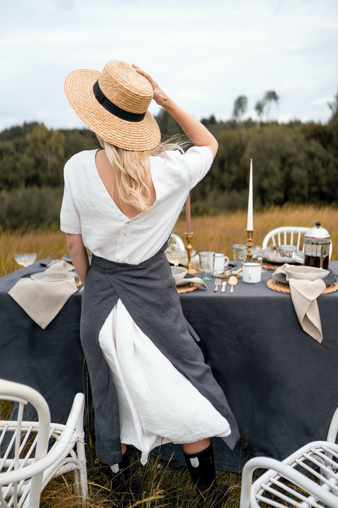 Linen Apron For Kitchen Basic Tablecloth Reusable Napkins Dark Grey Natural Full Apron Basic Napkin
