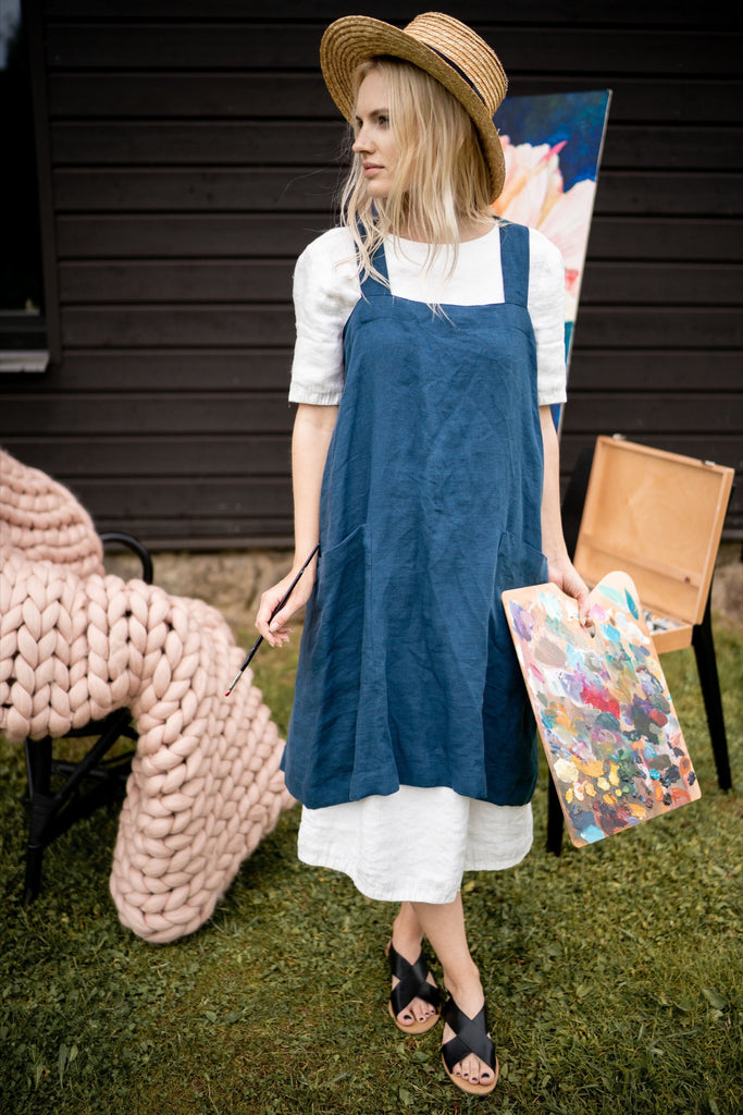 Linen Apron With Pockets Organic Linen Pinafore Apron Dark Blue