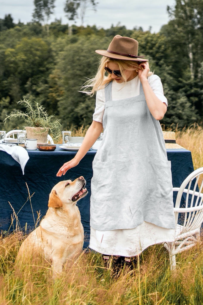 Linen Aprons For Women With Pockets Pinafore Apron Light Grey