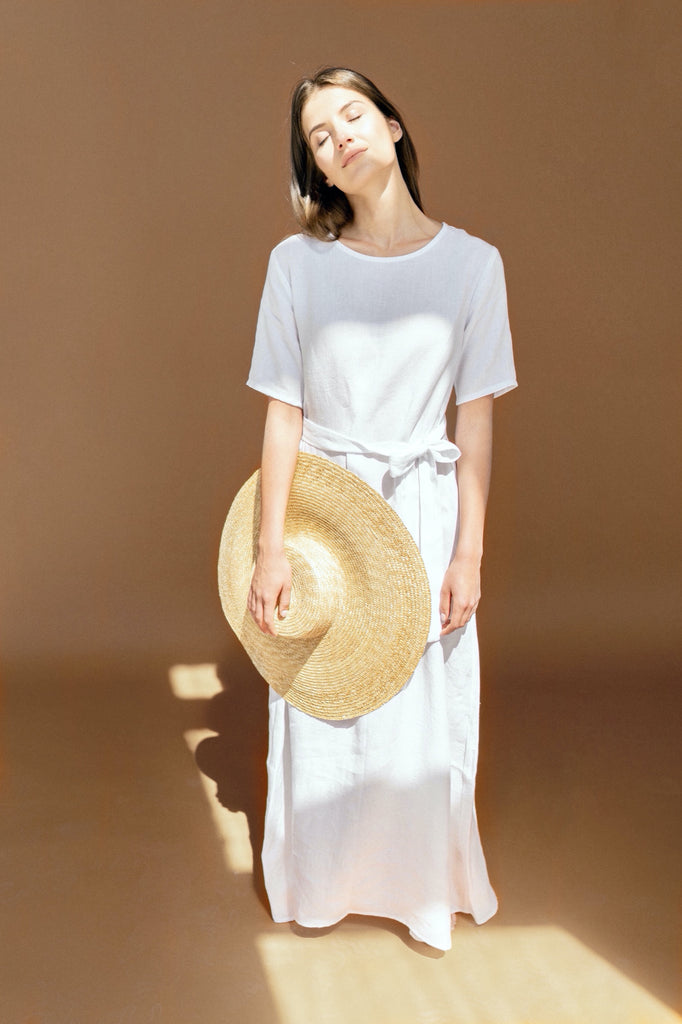 White Linen Maxi Dress with Belt | Back 2 Linen Back2Linen White Linen Maxi Dress with Belt | Back 2 Linen Back2Linen
