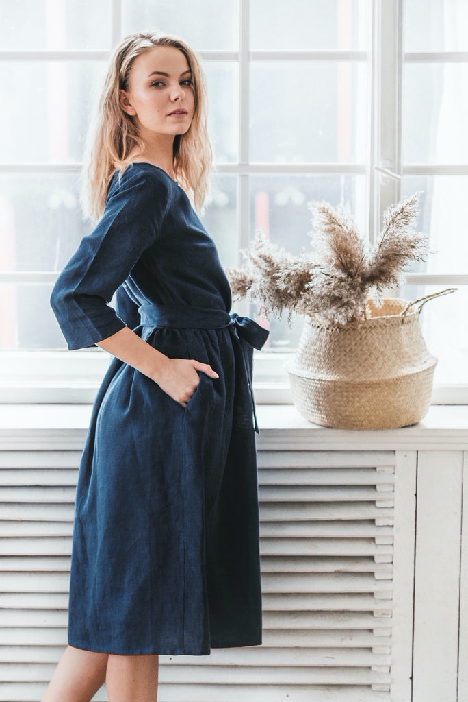 Linen Dress A Line Dress With Pockets Dress Grace Dark Blue Zoomed