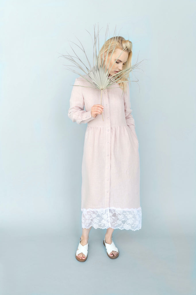 Pink Linen Shirt Dress with Lace | Back 2 Linen  Back2Linen