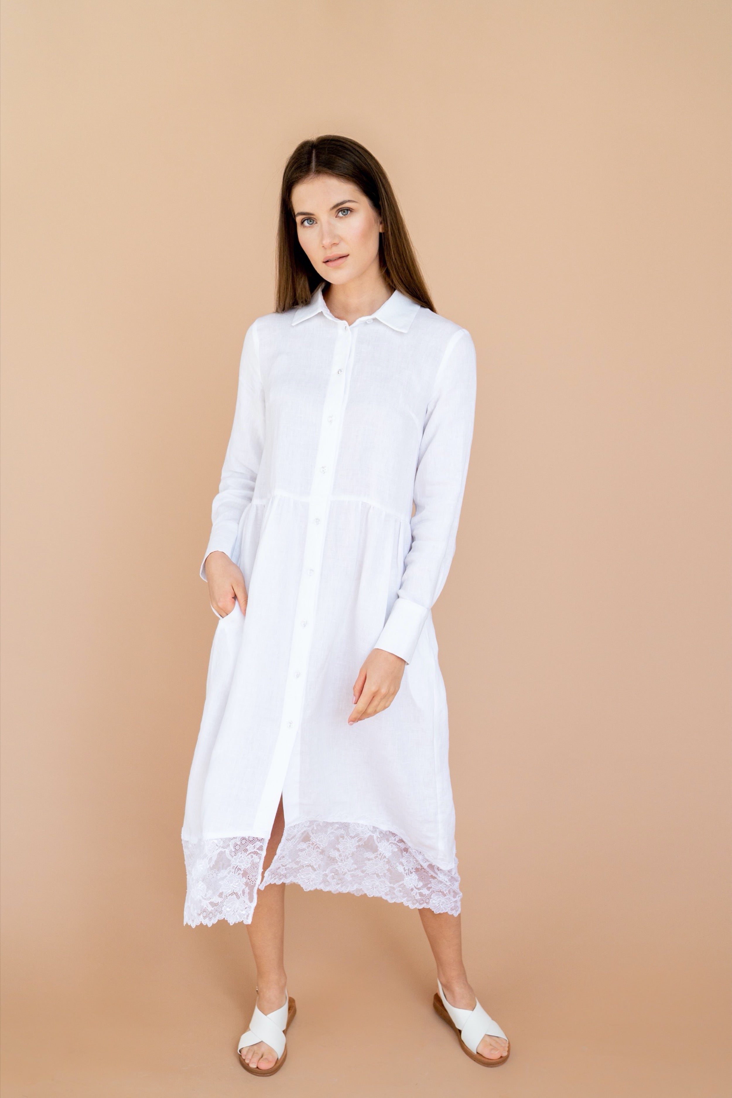 white christmas dresses White Linen Dress with Lace