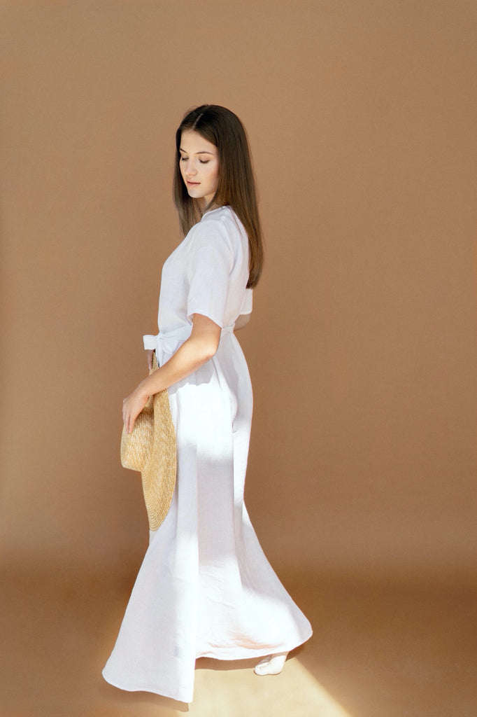 white christmas dresses White Linen Maxi Dress with Belt