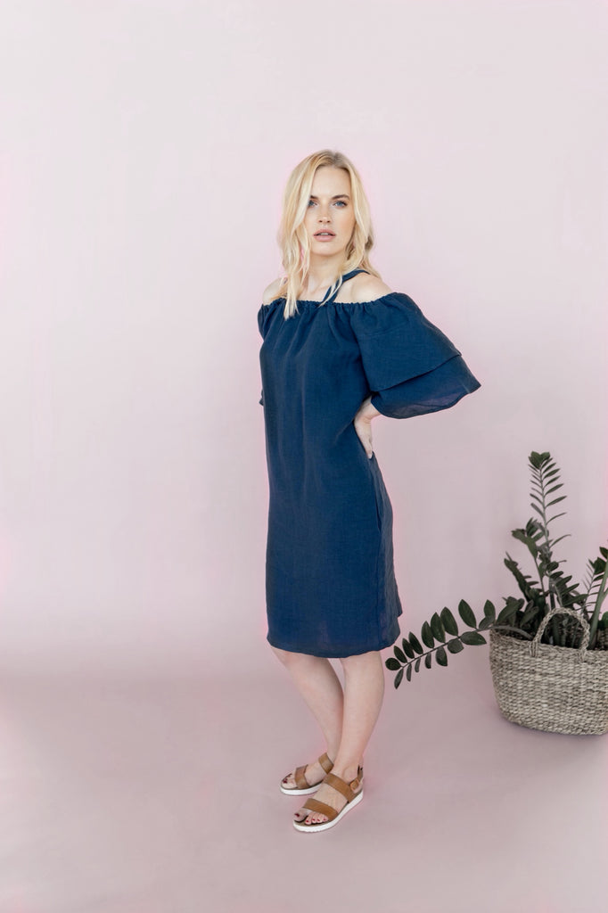 Blue Linen Ruffle Dress | Back 2 Linen  Back2Linen