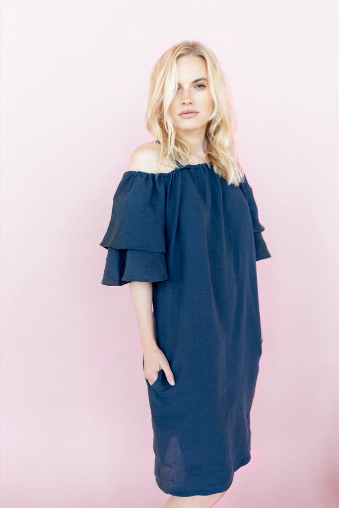 Linen Dress Ruffle Dress Sleevless Dress Christina Dark Blue