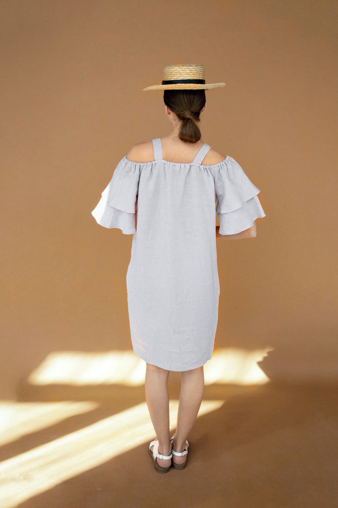 Linen Dress Summer Dress Ruffle Dress Open Shoulders Dress Christina Light Grey