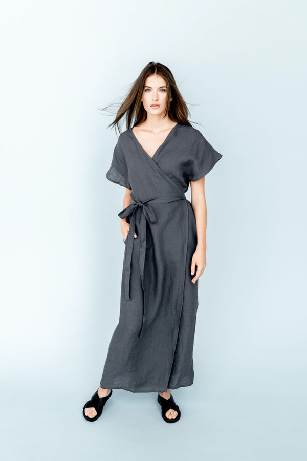 Linen Dress Wrap Dress Plus Size Dress Long Dress Evelyn Dark Grey