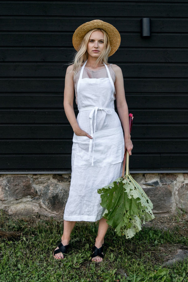 Linen Garden Apron Long Apron With Pockets Full Apron Pure White